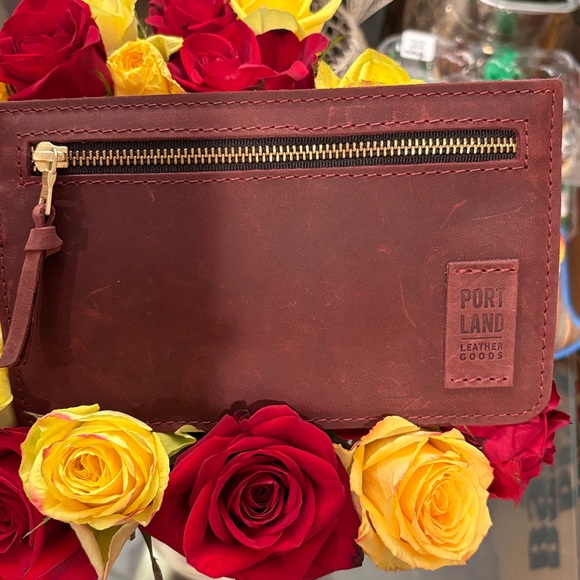 Portland leather wine color wristlet bag. - Picture 1 of 5